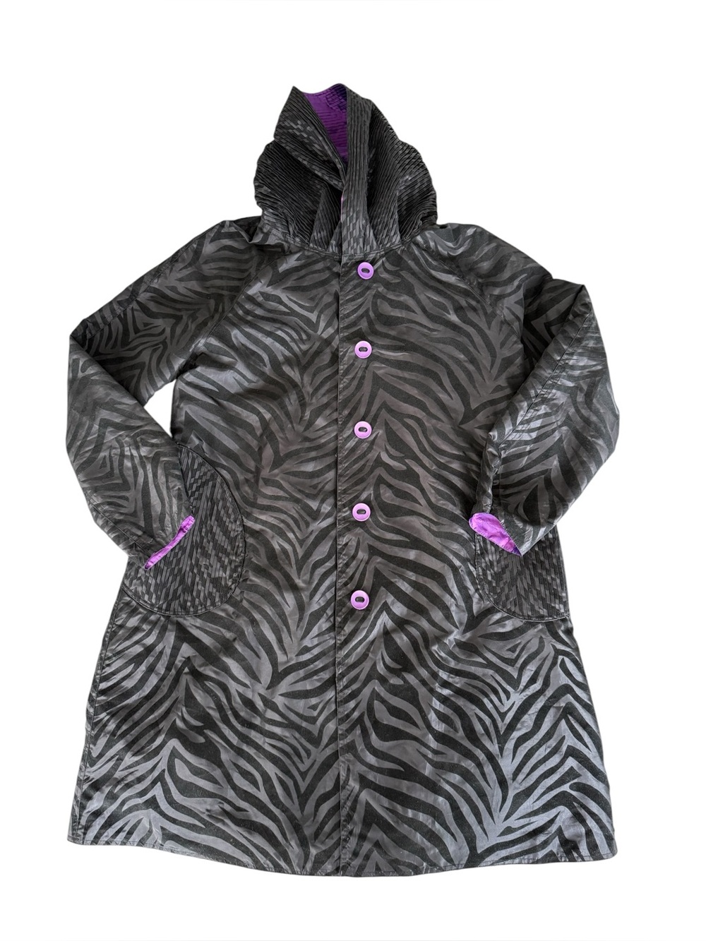 UBU Reversible Rain Coat Jacket Purple Black Zebra Pleated Hood Size XL Mob Wife